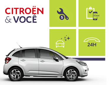 Carro da citroen de lado e apresentação de serviços.